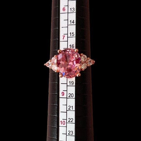 Cocktail Dinner Ring Inlaid Pink Crystal Zircon Rose Golden 925 Silver Plate - Picture 7 of 11